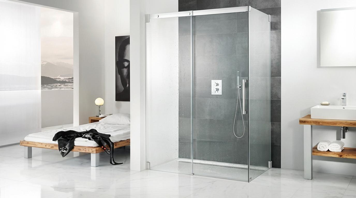 Moderner Raum mit einem Holzbett, auf dem ein schwarzes Kleidungsstück liegt, einem Nachttisch mit Kugellampe und einem großen Fenster mit Bergblick. Daneben steht eine Glasduschkabine mit dunkelgrauen Fliesenwänden und Chromarmatur. Rechts davon befindet sich ein weißes Waschbecken auf einem Holzunterschrank mit zwei gerollten weißen Handtüchern. Der gesamte Boden ist mit weißen Marmorfliesen ausgelegt.