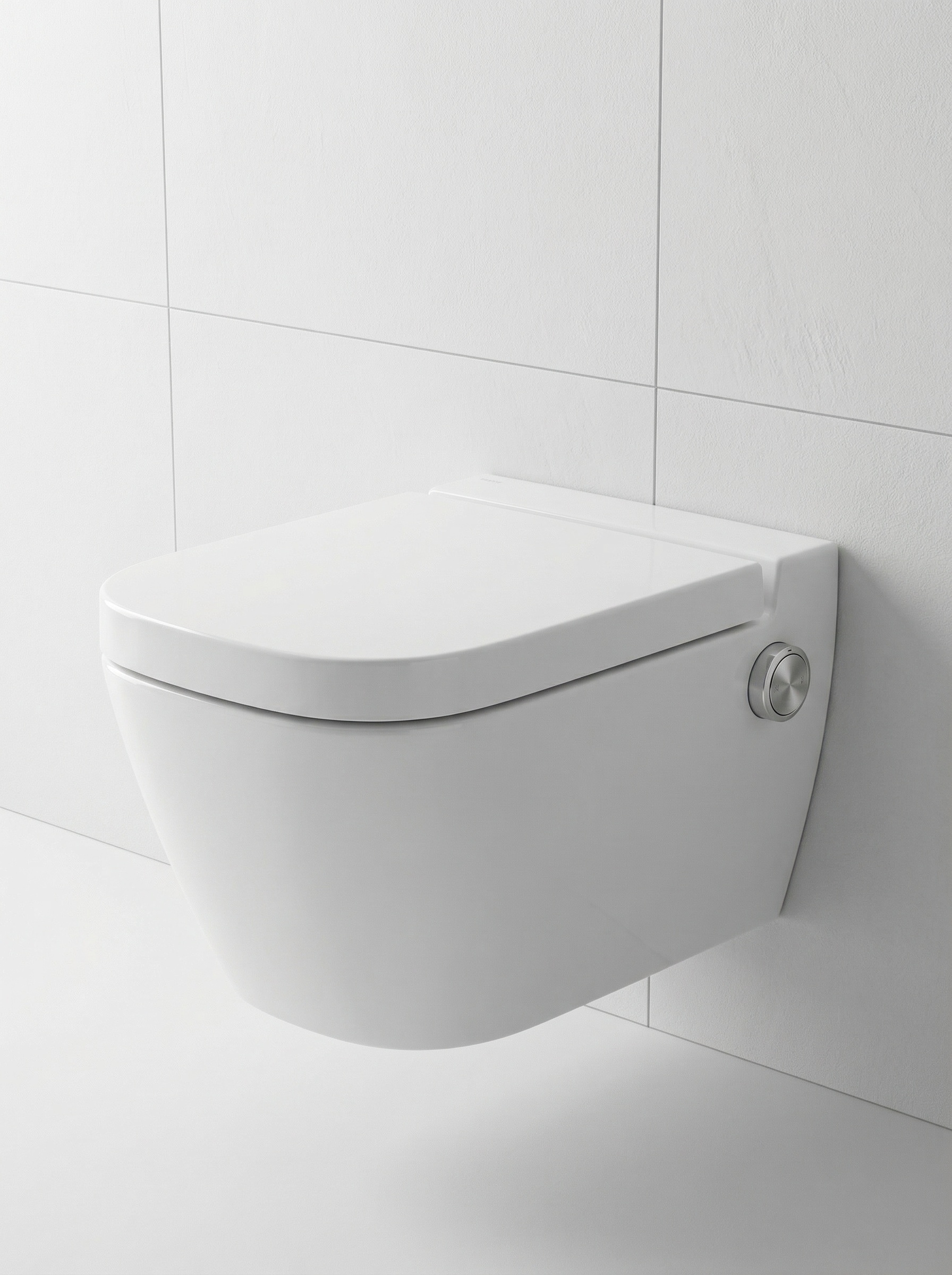 Eine weiße, wandhängende Toilette mit geschlossenem Deckel vor einer weißen Fliesenwand. Ein runder, gebürsteter silberner Bedienknopf ist an der rechten Seite des Toilettenkörpers sichtbar.