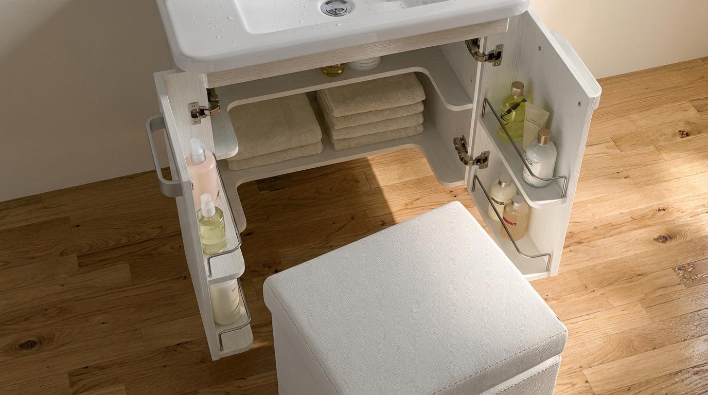 Heller Waschtischunterschrank aus Holz unter einem weißen Waschbecken. Die geöffneten Türen des Schranks zeigen gestapelte beige Handtücher auf einem Regal und diverse Badprodukte in Flaschen auf den integrierten Türregalen. Ein weißer gepolsterter Hocker steht davor auf einem hellen Holzboden. Links am Schrank ist ein Handtuchhalter angebracht.
