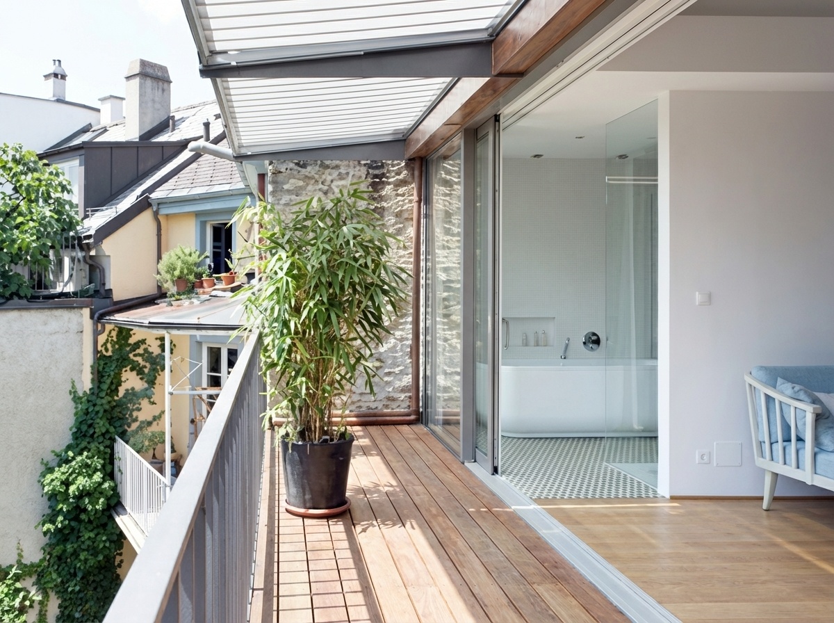 Moderner Balkon mit hellen Holzfussböden und einer grossen Topfpflanze. Grosse Glasschiebetüren führen zu einem Innenbadezimmer mit einer weissen Badewanne auf gemustertem Fliesenboden. Daneben ist ein hellblaues Sofa in einem angrenzenden Raum zu sehen. Im Hintergrund sind ältere Stadtgebäude mit Steinwänden und Ziegeldächern sichtbar.