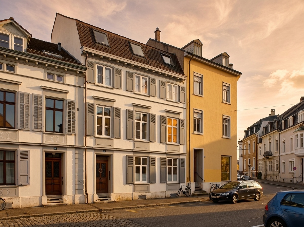 Reihe von historischen Wohnhäusern im warmen Abendlicht. Links zwei weiße Gebäude mit grauen Fensterläden und braunen Holztüren, Hausnummern 25 und 27. Rechts daneben ein hellgelbes Gebäude. Auf der Straße sind ein dunkler Kombi und zwei Fahrräder geparkt. Im Hintergrund weitere Gebäude und ein orangerosa Himmel mit Wolken.
