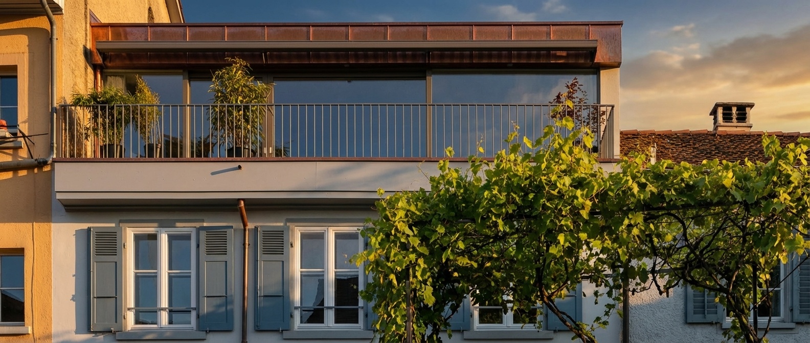 Moderne Balkonfassade eines Gebäudes mit silbernem Metallgeländer und grossen Glasfenstern, dahinter grüne Topfpflanzen. Darunter sind weisse Fenster mit geöffneten graublauen Fensterläden zu sehen. Im Vordergrund rankt ein dichtes grünes Weinlaub über ein Gerüst. Im oberen Bereich ist ein kupferfarbenes Dachdetail sichtbar. Rechts im Hintergrund ragt ein Ziegeldach mit einem Kamin unter einem blau-orangenen Himmel hervor.