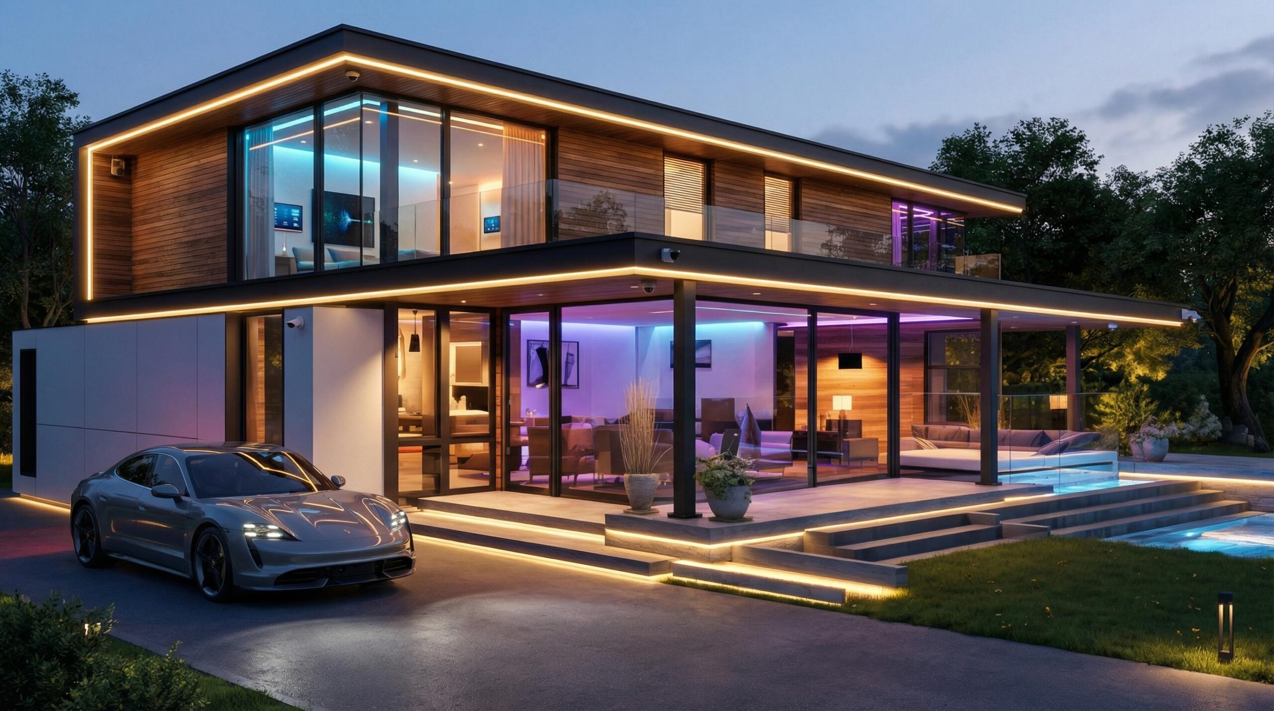 Modernes zweistöckiges Haus in der Abenddämmerung mit Holzfassade, großen Glasfronten und LED-Beleuchtung entlang der Dachkanten und Terrassen. Im Inneren der Räume leuchtet es blau und lila. Ein grauer Porsche steht mit eingeschalteten Scheinwerfern auf der gepflasterten Auffahrt. Links und rechts sind Bäume sowie ein Rasen mit einem beleuchteten Pool und Stufen zu sehen.