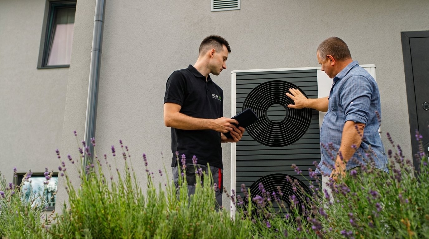 Junger Techniker in schwarzem Polohemd mit Tablet und älterer Kunde in kariertem Hemd, der eine Wärmepumpe an der grauen Hauswand berührt. Im Vordergrund blüht Lavendel.