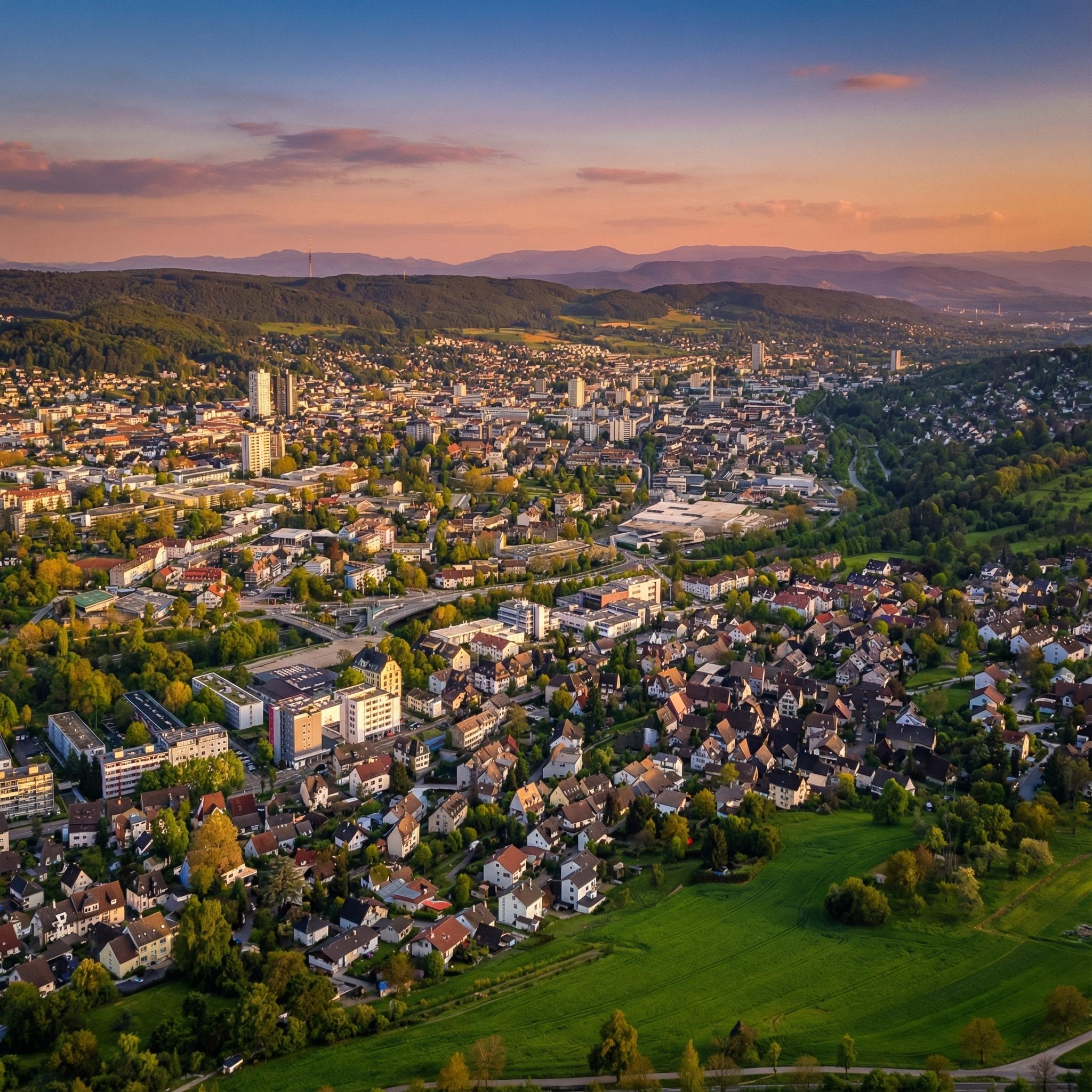 Luftaufnahme einer Stadt, die sich über eine hügelige Landschaft mit Wäldern und Wiesen erstreckt. Wohnviertel mit Einfamilienhäusern und mehrgeschossigen Gebäuden prägen das Stadtbild. Der Himmel zeigt einen Farbverlauf von warmen Orange- und Rosatönen am Horizont zu Blau, darüber liegen dunkle Berge in der Ferne.